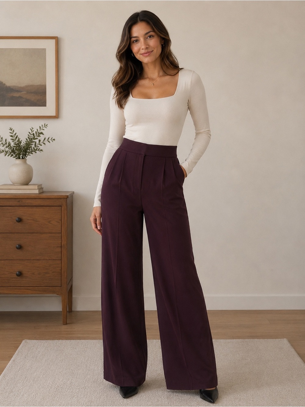 Dynamite Wide-Leg High-Waist Trousers in Deep Plum